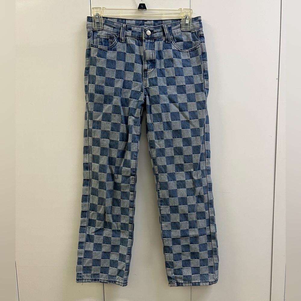 Great Condition SHEIN Girls Straight Leg Checkered Jeans with Pockets
